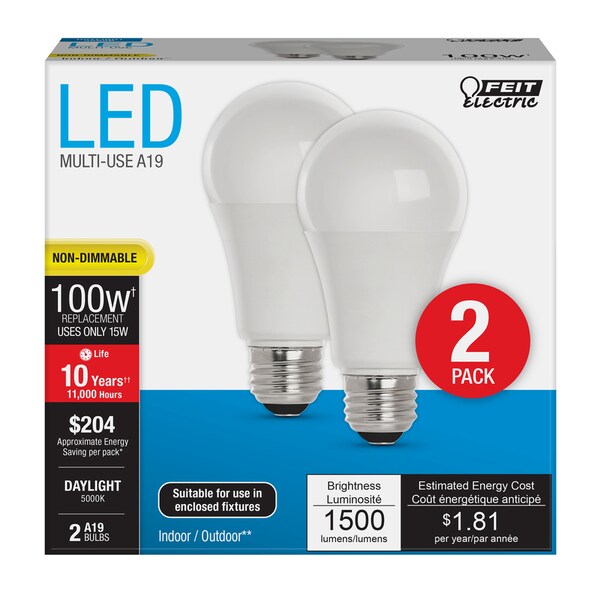 Feit Electric Feit A19 E26 (Medium) LED Bulb Daylight 100 Watt Equivalence 2 pk A160085010KLED2 - main